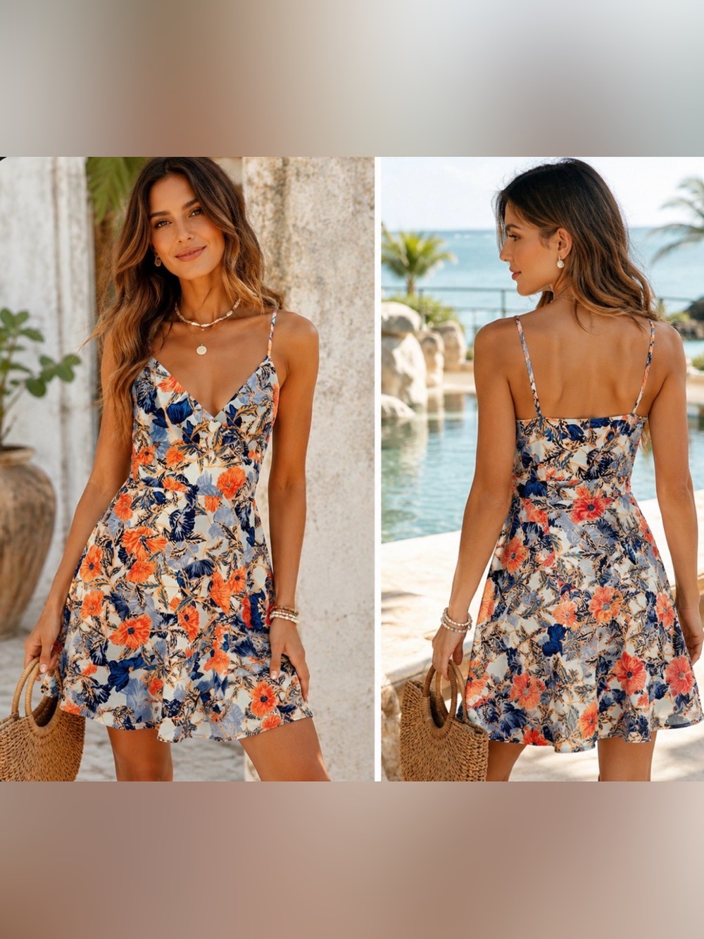 Sadie & Sage Coral, Navy & Pale Blue Floral Resort Summer Wrap Dress
